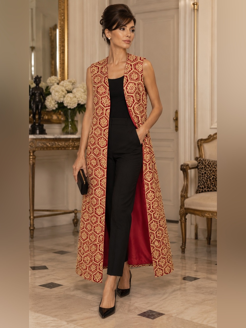Vintage FRANCE Blin et Blin 57” Red Gold Brocade Long Sleeveless Evening Vest
